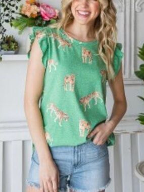 7th Ray Green Ruffle Sleeve Tiger print Top